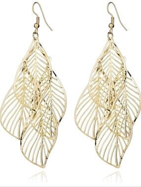 MALOYANVE Bohemian Filigree Leaf Earrings for Women Unique Handmade 14K GP